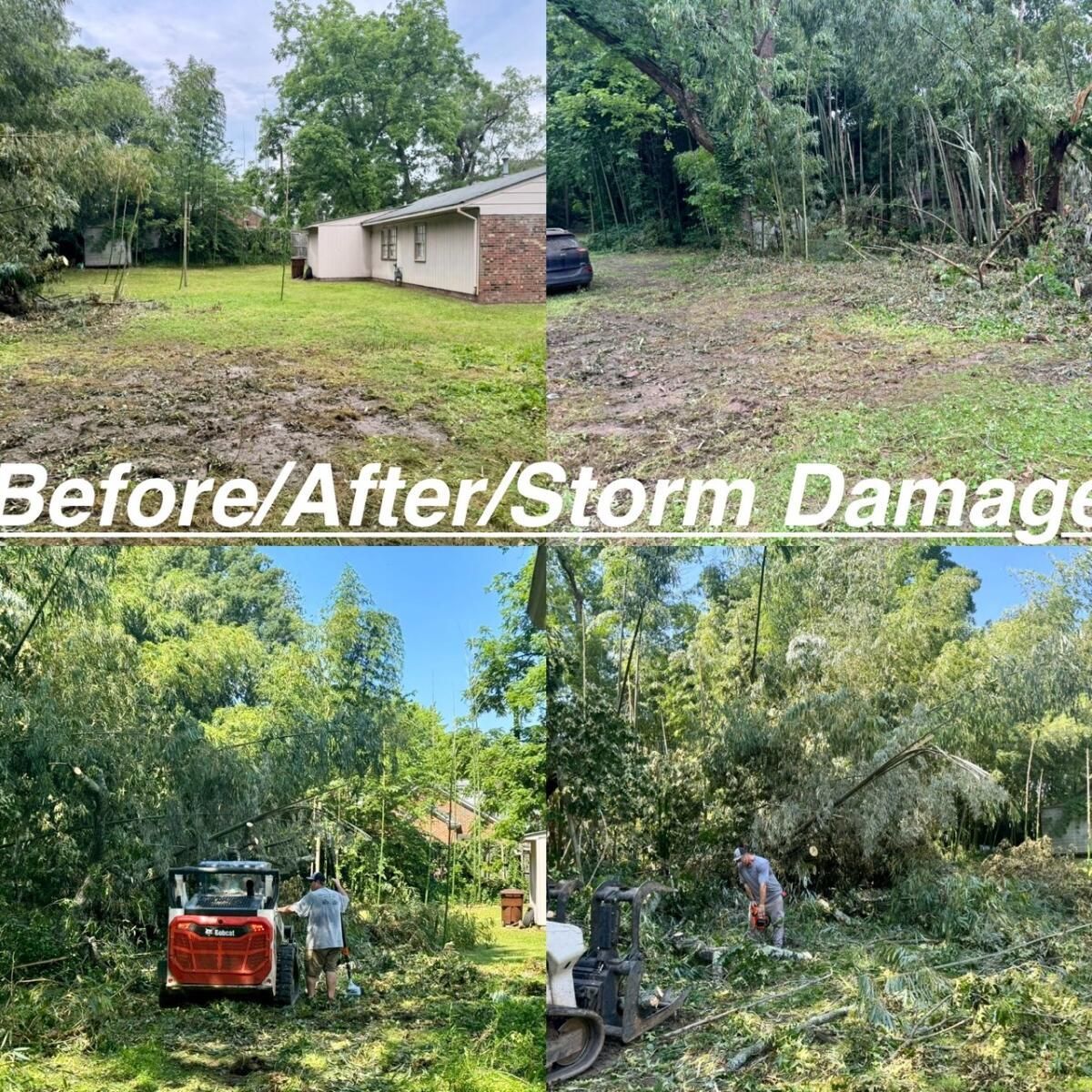 A before and after photo of a storm damaged yard.
