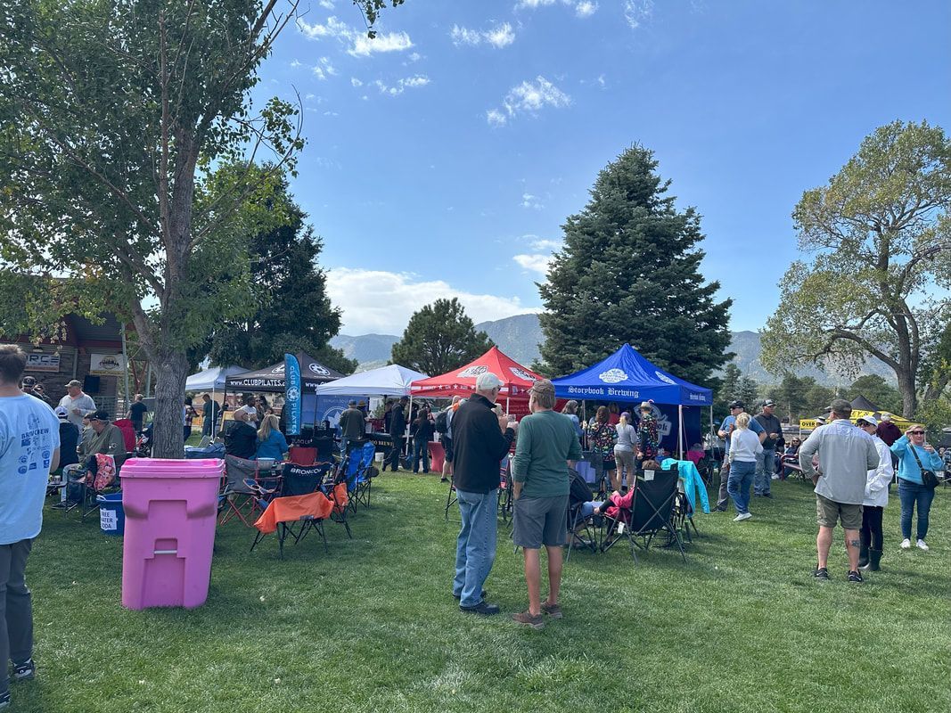 Crowd gathered in a park with tents and trees under a blue sky.