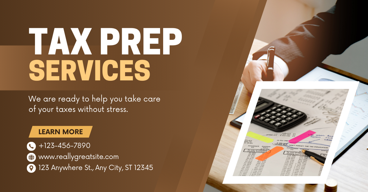 Tax prep services advertisement: Text and a photo of a person calculating taxes. Brown, tan, and white colors.
