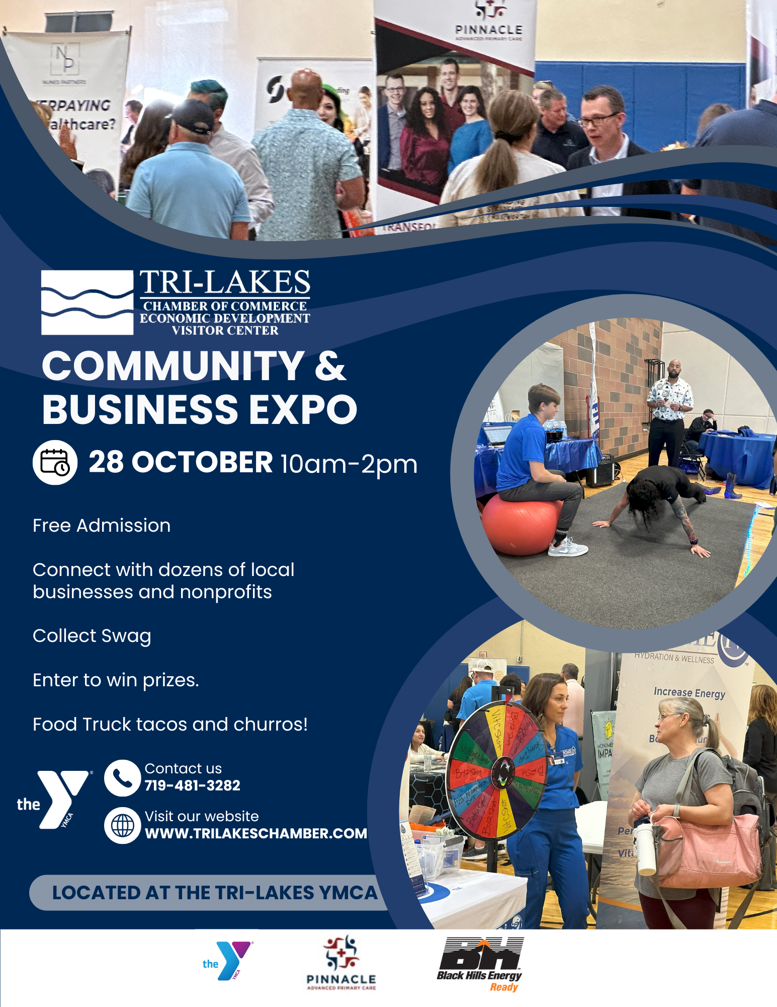 Poster for the Tri-Lakes Community & Business Expo 2025. Features logos, text, and sponsors.