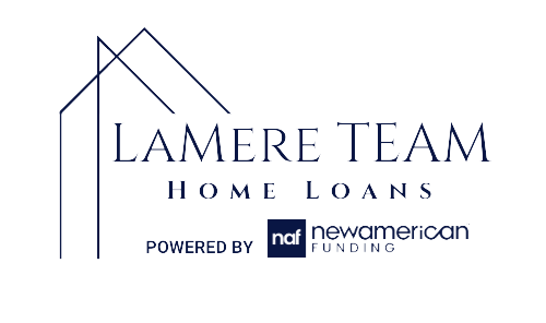 Logo for Lamere Team Home Loans, powered by New American Funding. Features house outline and navy text.