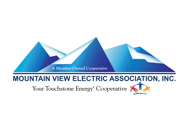 Logo of Mountain View Electric Association with blue mountain graphic and text.