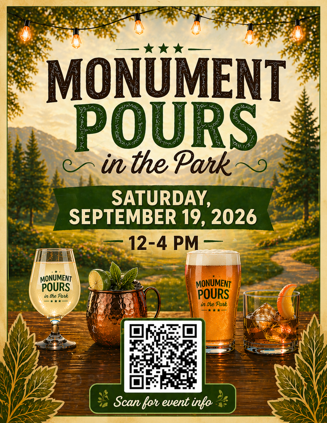 Pours in the Park graphic (formerly known as Bines and Brews) depicting a refreshments for the whole family.
