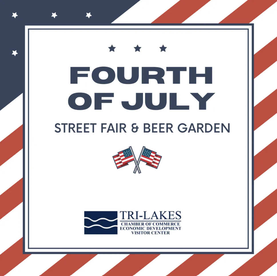 4th of July celebration design: Red, white, and blue badge with text: