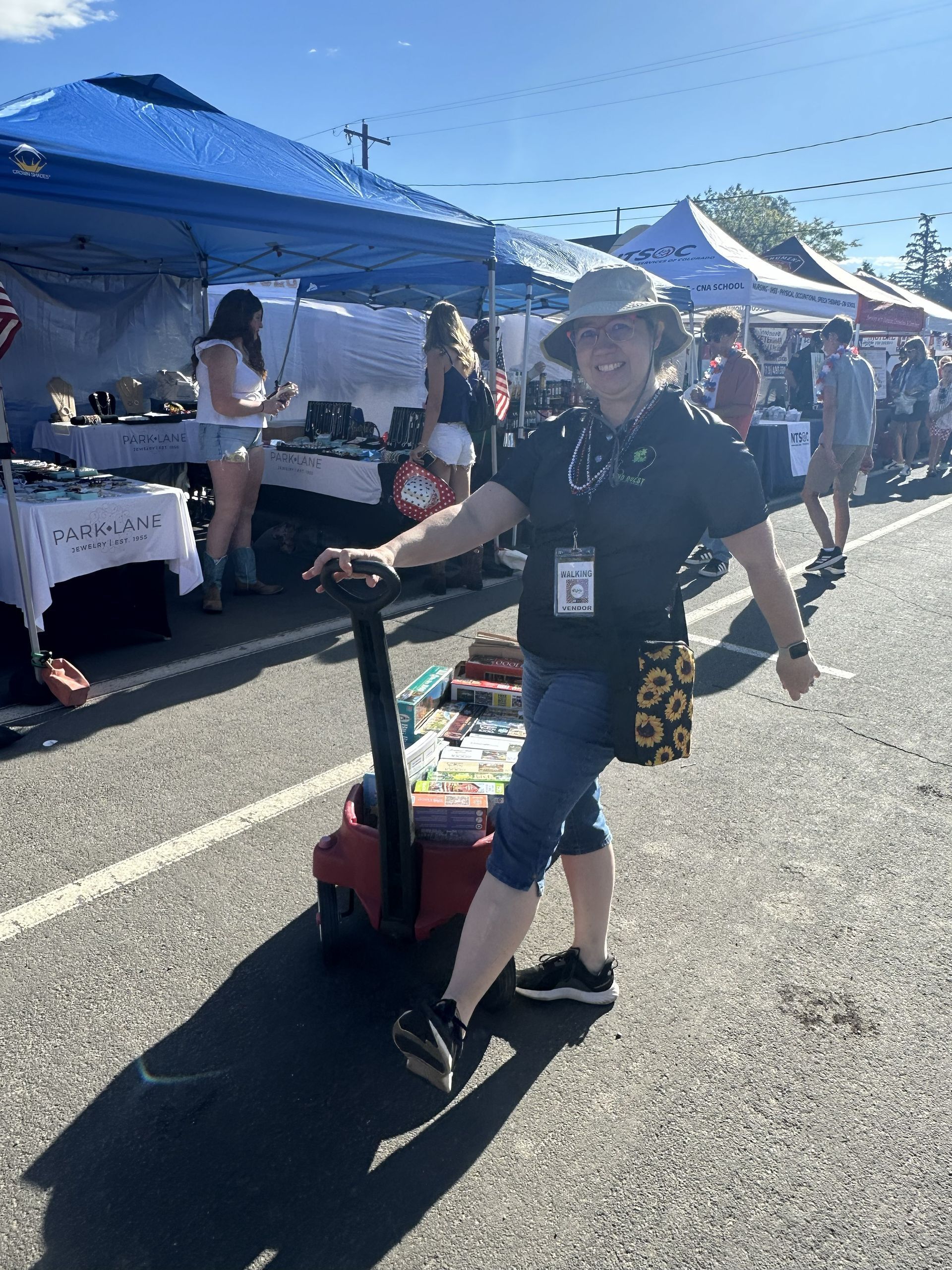 A walking vendor staying active and open for business
