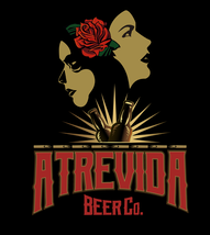Logo of Atrevida Beer Co. with two female faces, rose, and bottles, in red, gold, and black.