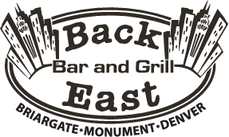 Logo for Back Bar and Grill East in Denver, with stylized buildings and text.