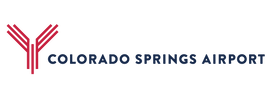 Colorado Springs Airport logo with red symbol and blue text.
