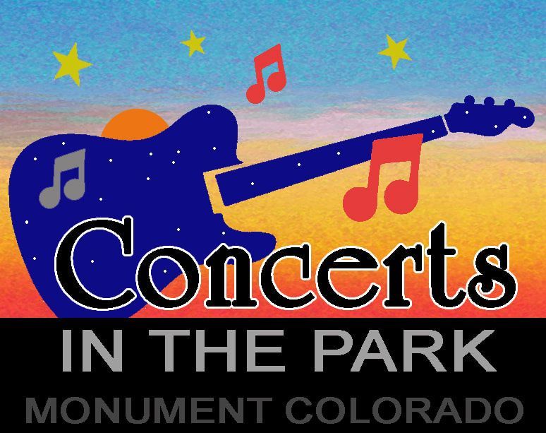 Concerts in the Park, Monument Colorado: Silhouette of a blue guitar with music notes against a sunset backdrop.