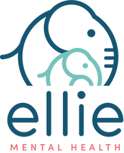 Logo with two elephants, one larger and blue, embracing a smaller, teal elephant; 