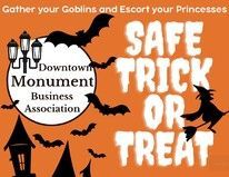 Halloween-themed event flyer. Orange background with bats, a witch, and text for a