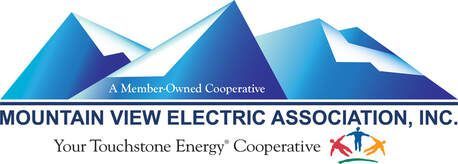 Logo for Mountain View Electric Association with blue mountains, text, and interconnected people.