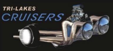 Tri-Lakes Cruisers logo with chrome exhaust pipes and engine against a black background.