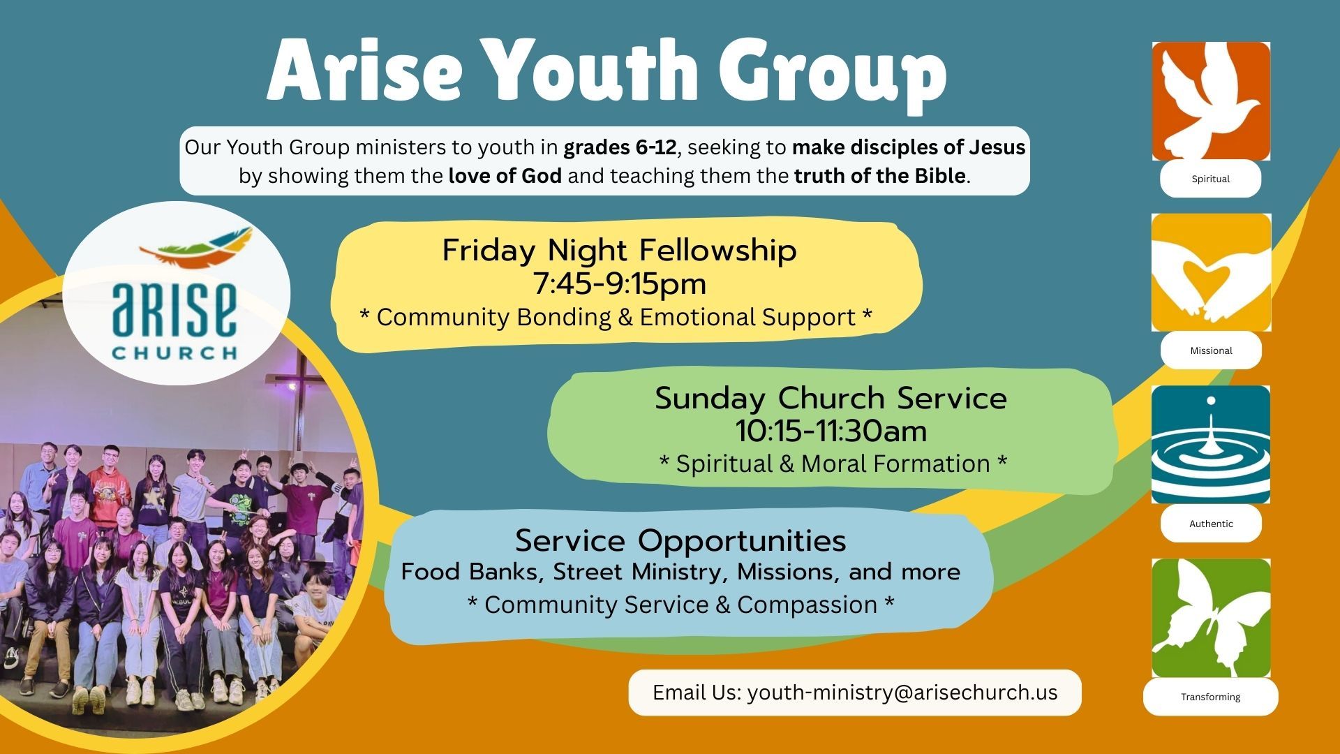 Flyer for Arise Church Youth Group, detailing weekly fellowship, service times, and contact email on a teal background.
