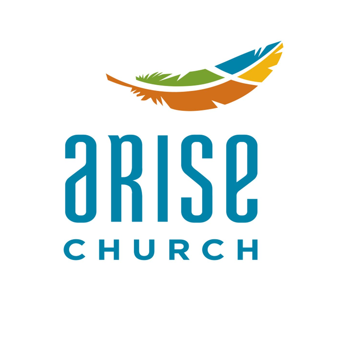 Logo for Arise Church featuring a stylized, multi-colored feather icon above the word 