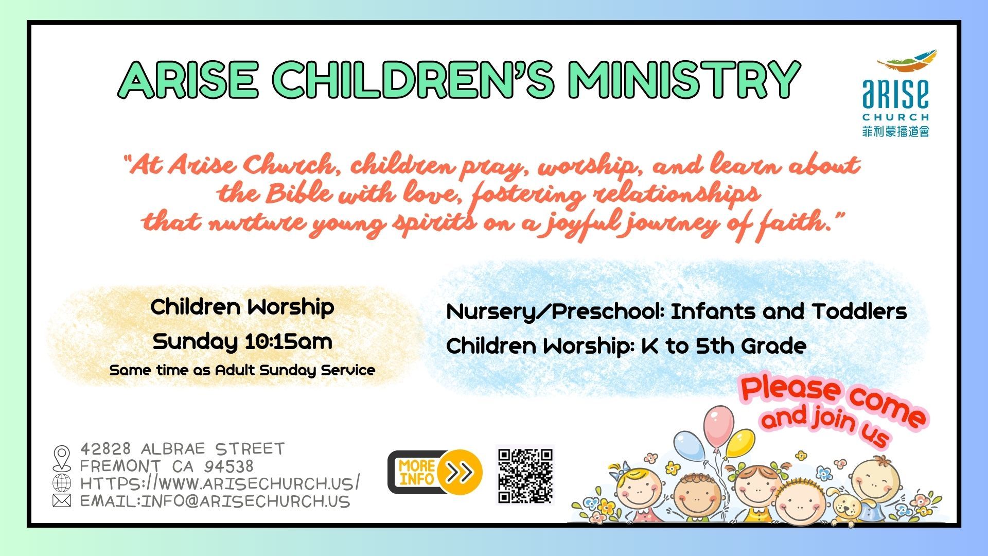 Flyer for Arise Children’s Ministry at Arise Church, featuring service times, location, and a joyful cartoon illustration.