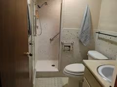 A bathroom with a toilet , sink and shower.