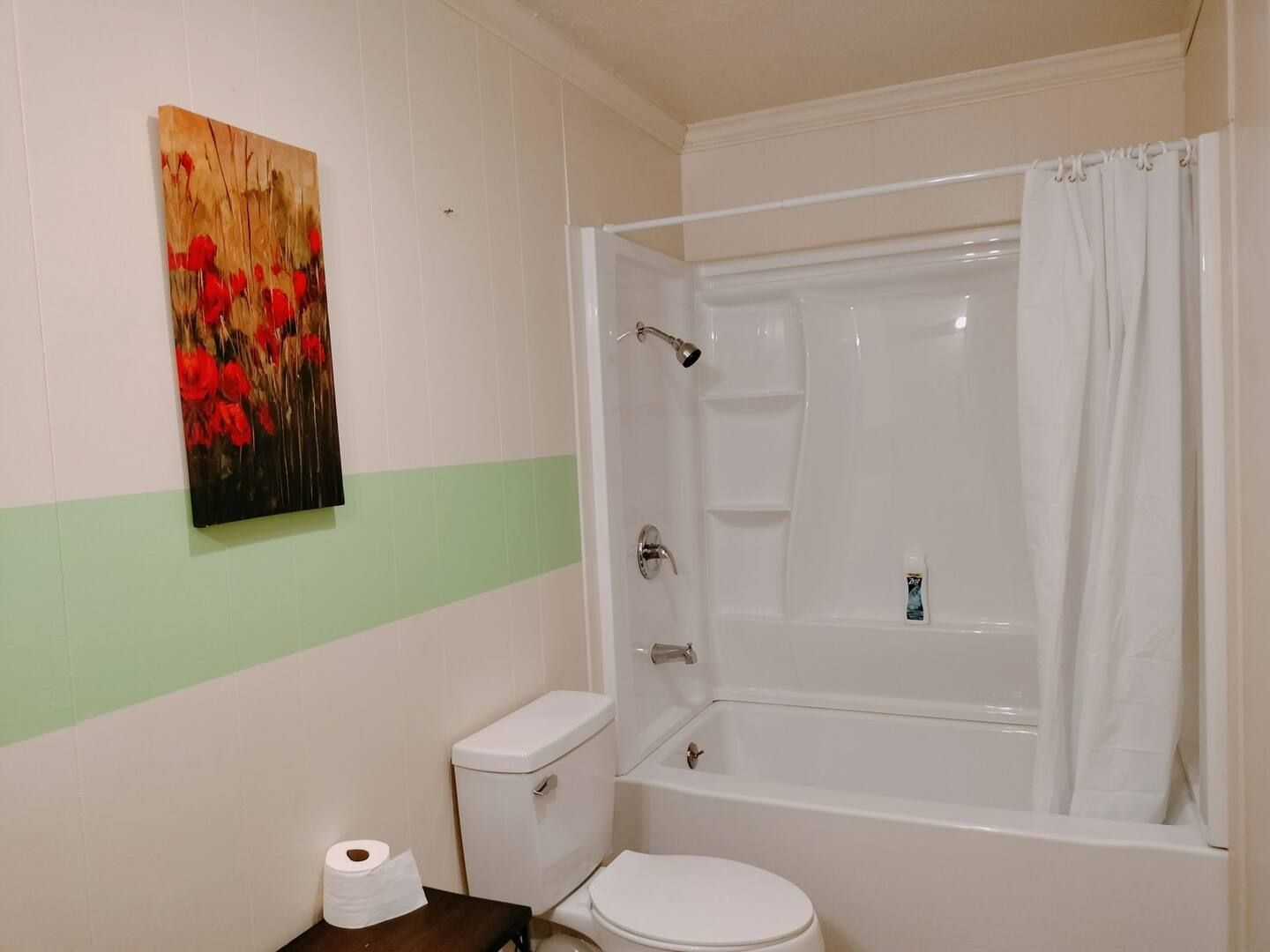 A bathroom with a toilet , tub , shower and a painting on the wall.