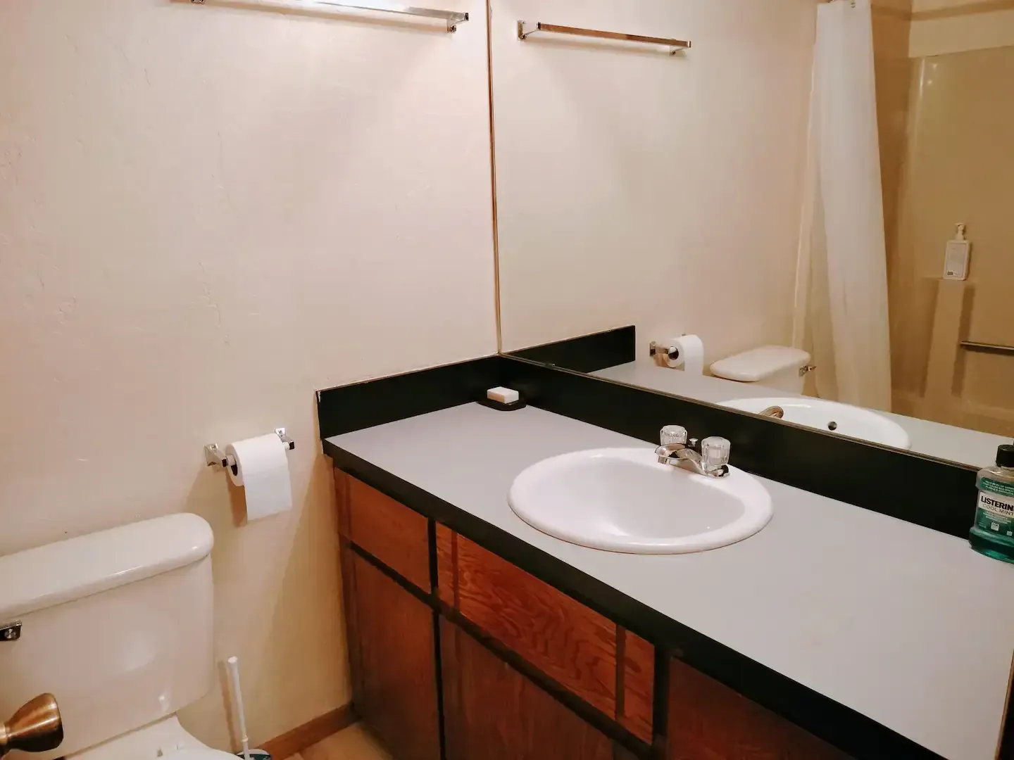 A bathroom with a toilet a sink and a mirror