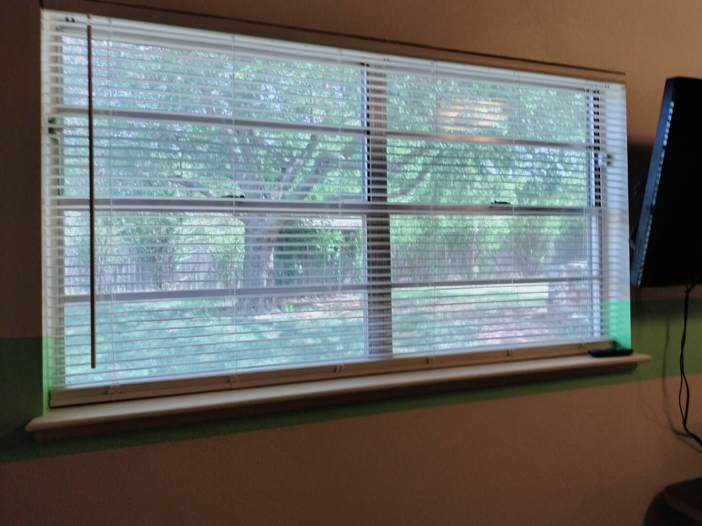 A window with blinds and a view of trees