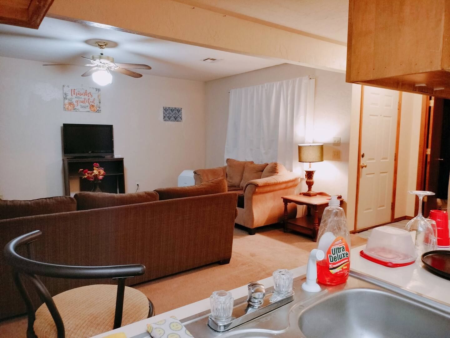 A living room with a sink and a couch