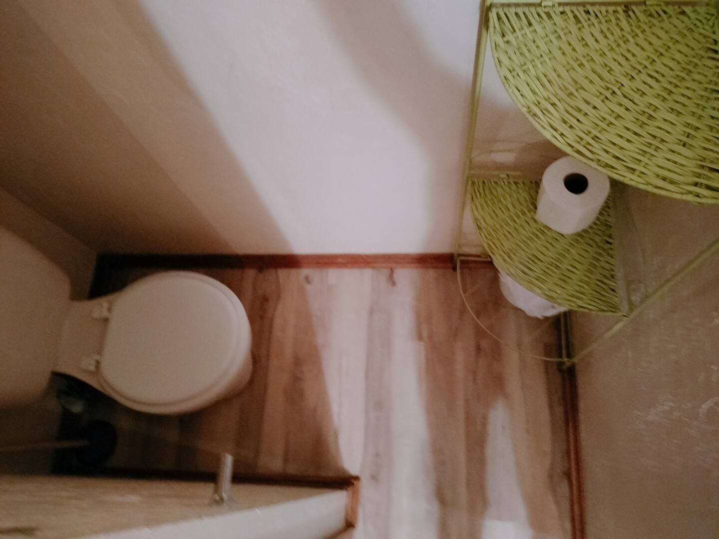 An aerial view of a bathroom with a toilet and paper towels