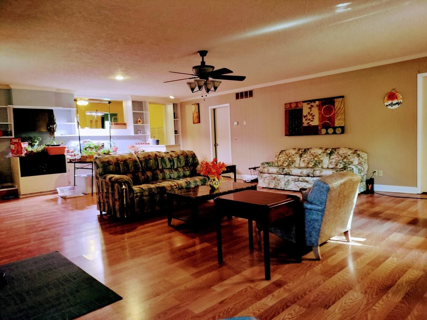 A living room filled with furniture and a ceiling fan