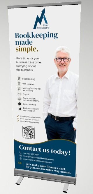 Bookkeeping service banner with smiling man, blue text, checklist, QR code, and “Contact us today!” message