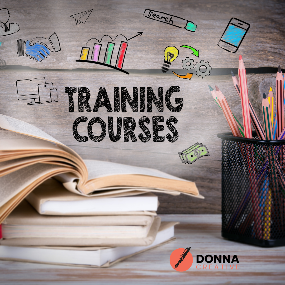Training courses poster with stacked books, pencils, and colorful school icons on a wooden desk.