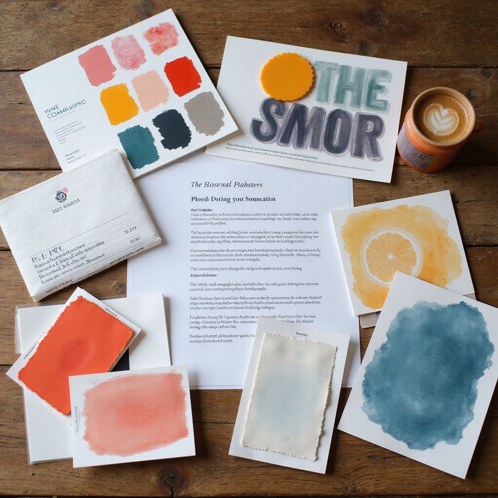 Collage of watercolor swatches, a letter, and a “THE SMOR” print on a wooden table, with a coffee cup.