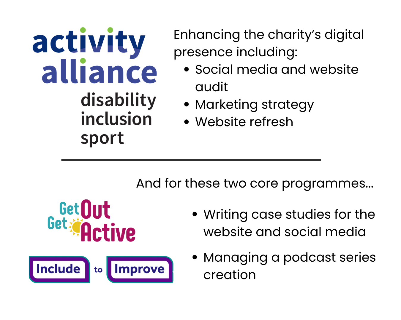 Activity Alliance list of services: digital audits, marketing, website refresh, case studies, and podcast management.