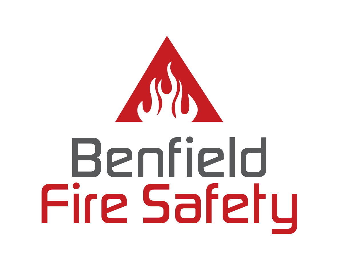 Logo for Benfield Fire Safety featuring a red triangular flame icon above the company name in grey and red text.