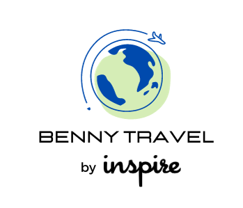 Logo for Benny Travel by Inspire featuring a blue globe icon with a flight path and airplane, set against a green circle.