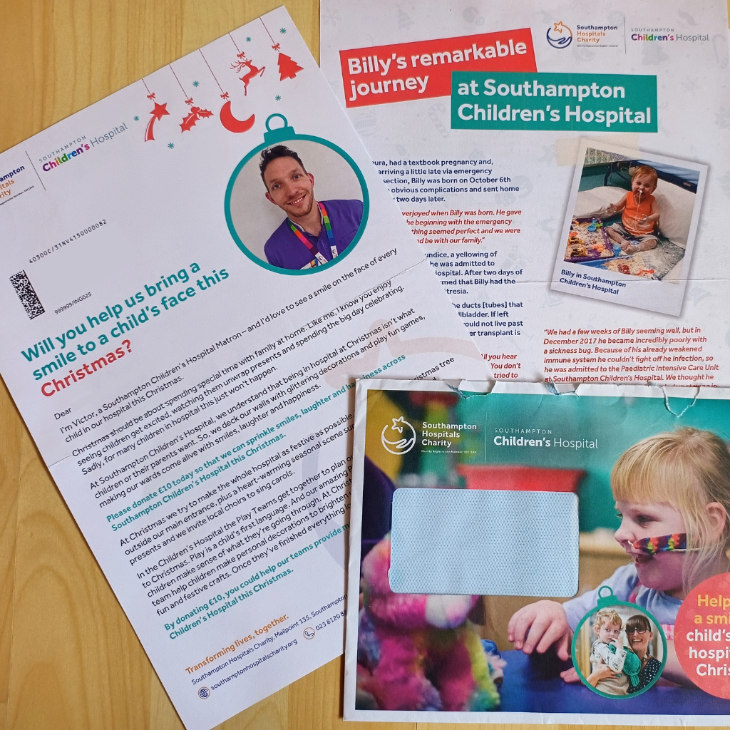 Christmas appeal: Letter, photo of smiling man, and child. Southampton Children's Hospital.