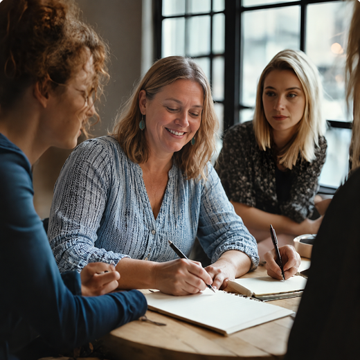 Women talking together and writing with pens