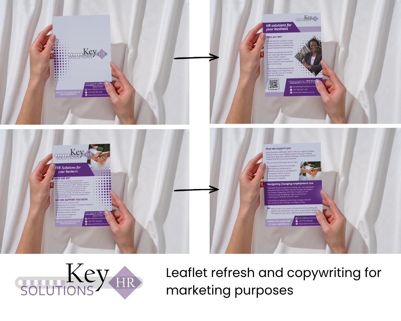 A four-panel graphic displaying a refreshed, professional HR marketing leaflet design with purple branding accents.