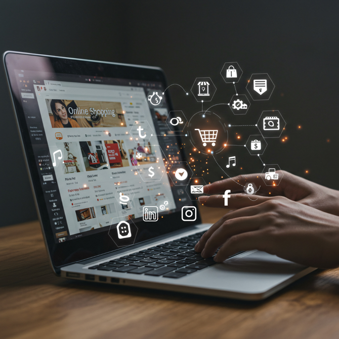 Hands typing on laptop with ecommerce website and floating shopping icons on dark desk background