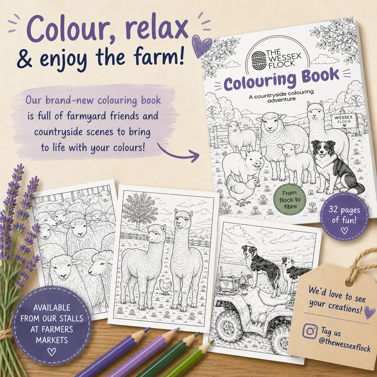 Farm colouring book ad with pastel pages, purple accents, and “Colour, relax & enjoy the farm!” text