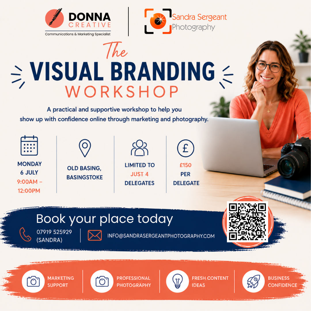 Promo poster for “The Visual Branding Workshop” with a woman at laptop, event details, and a QR code