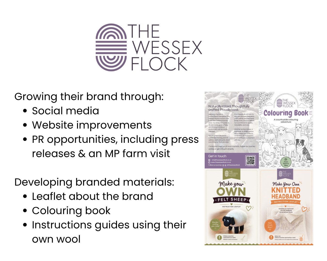 The Wessex Flock branding slide with social media, press, and wool product examples