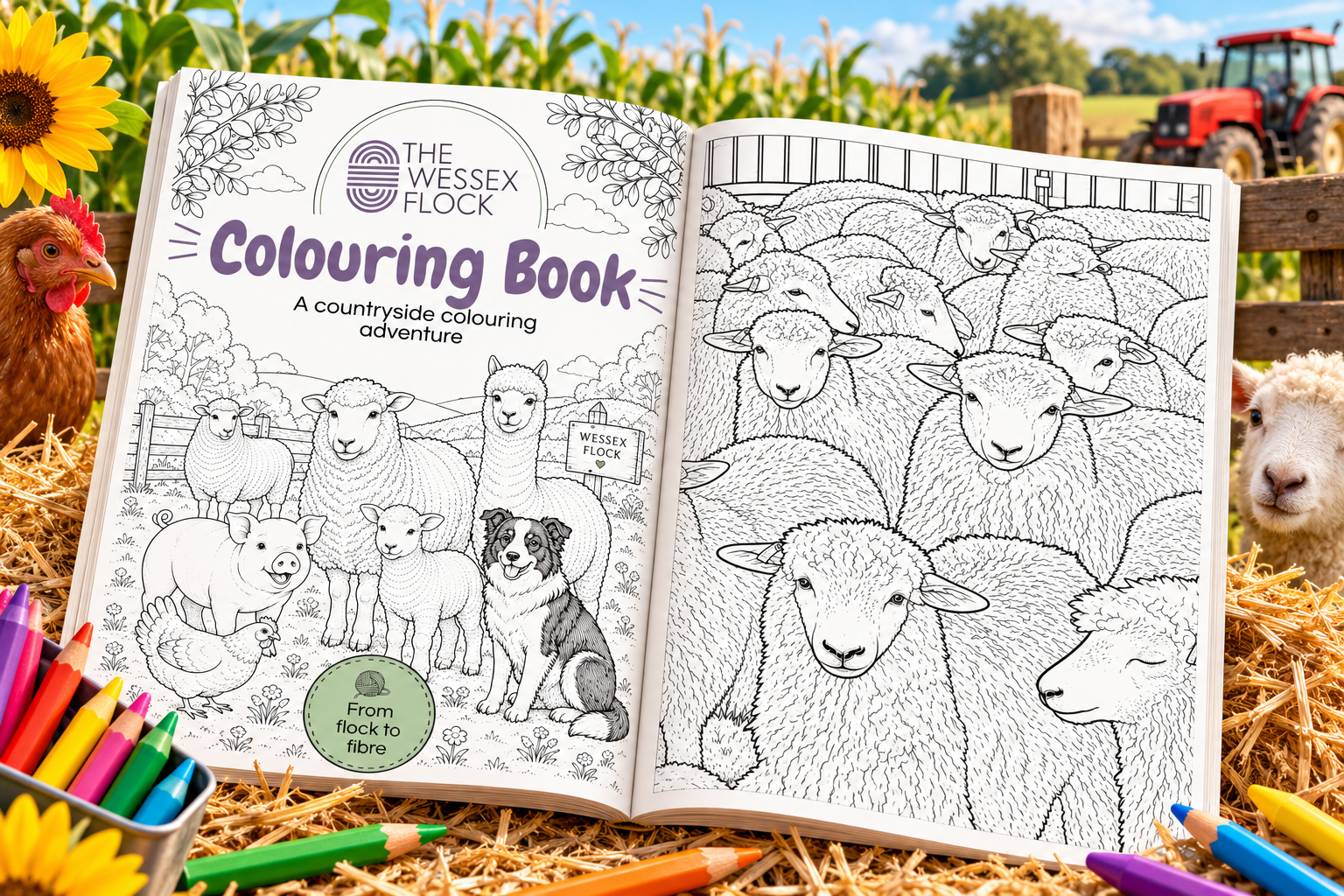 The Wessex Flock front cover and an inside page of the colouring book
