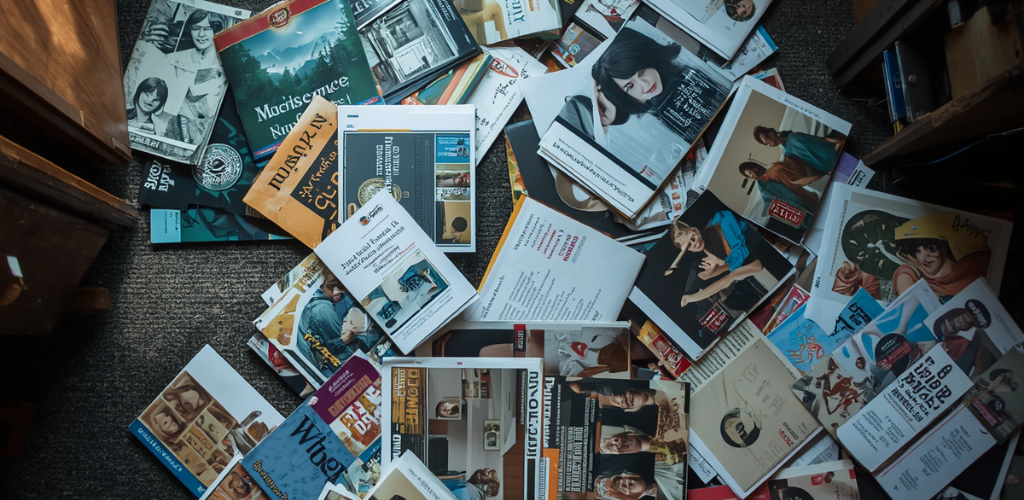 Scattered magazines and postcards on a table, with colorful covers and photos visible.