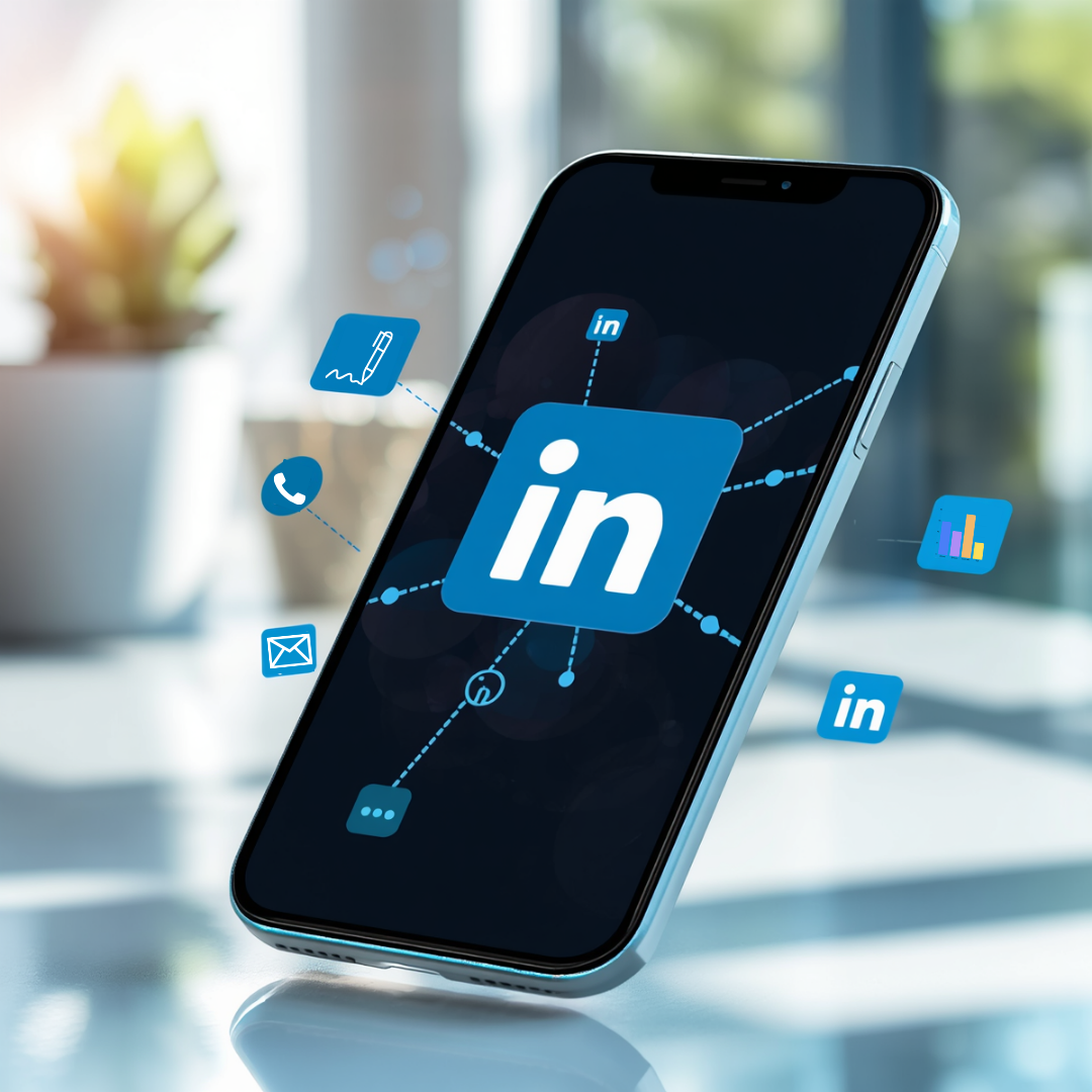 Smartphone displaying LinkedIn logo with floating app icons on a blurred desk background