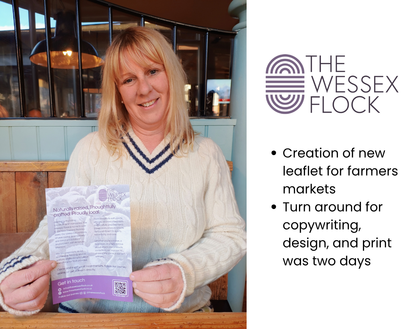 A person in a cream cable-knit sweater holding a purple marketing leaflet beside a "The Wessex Flock" logo and text.