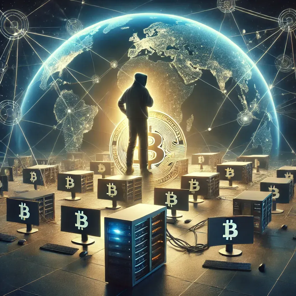 A man is standing in front of a globe surrounded by computer monitors with the letter b on them.