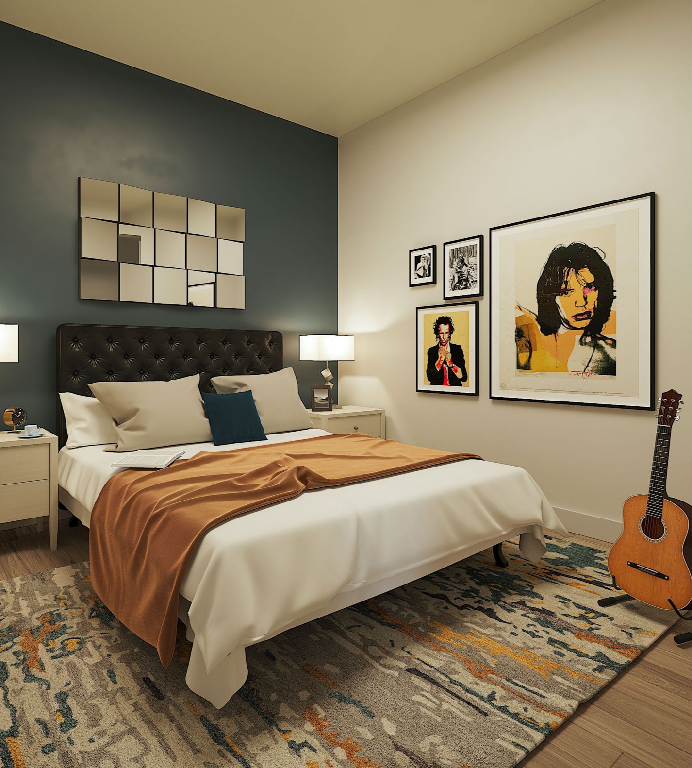 A bedroom with a bed and a guitar on the floor