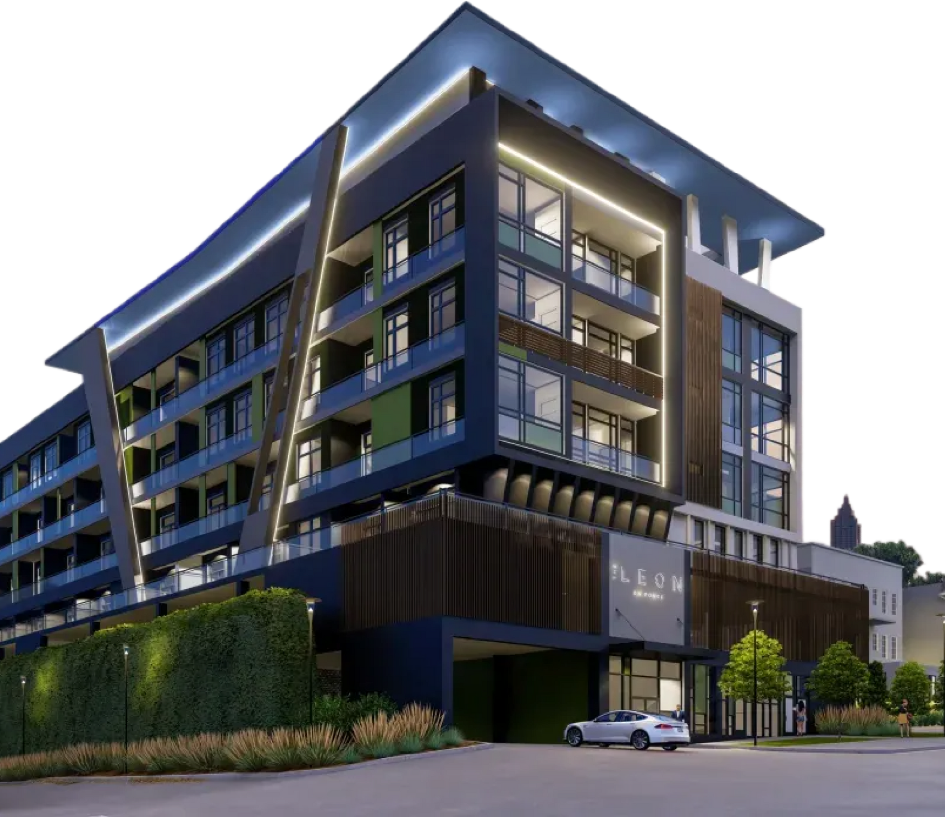 A large building with a car parked in front of it
