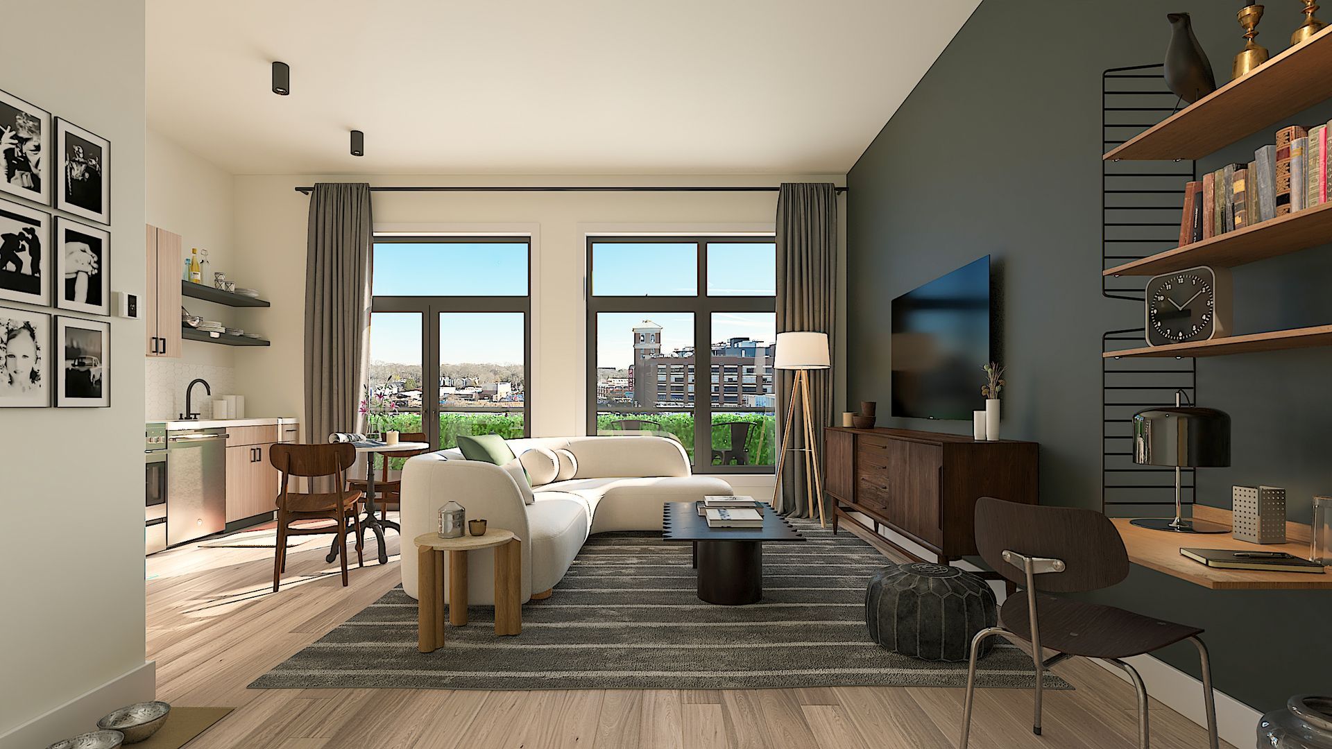 An artist 's impression of a living room with a couch and a television