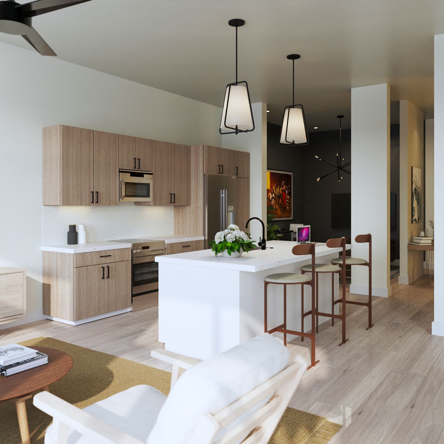 A kitchen with wooden cabinets and white counter tops