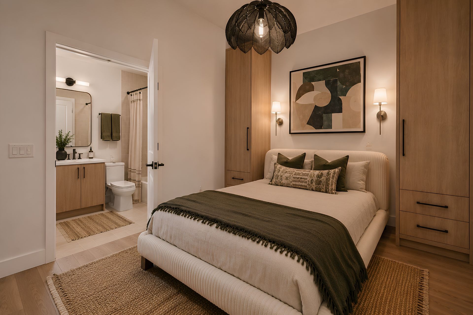 A bedroom with a bed and a guitar on the floor
